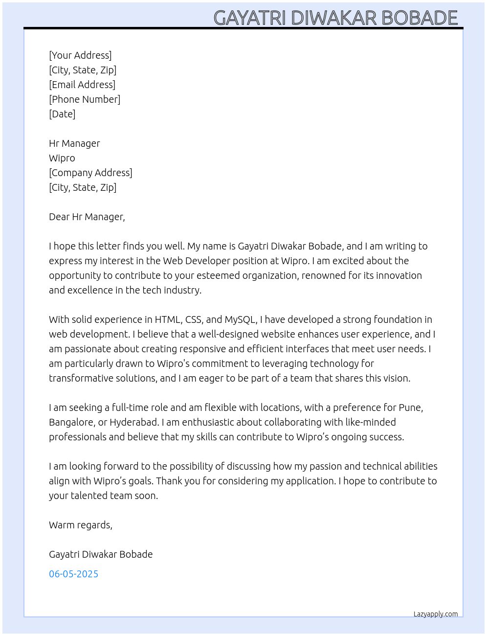 Web developer At Wipro Cover Letter