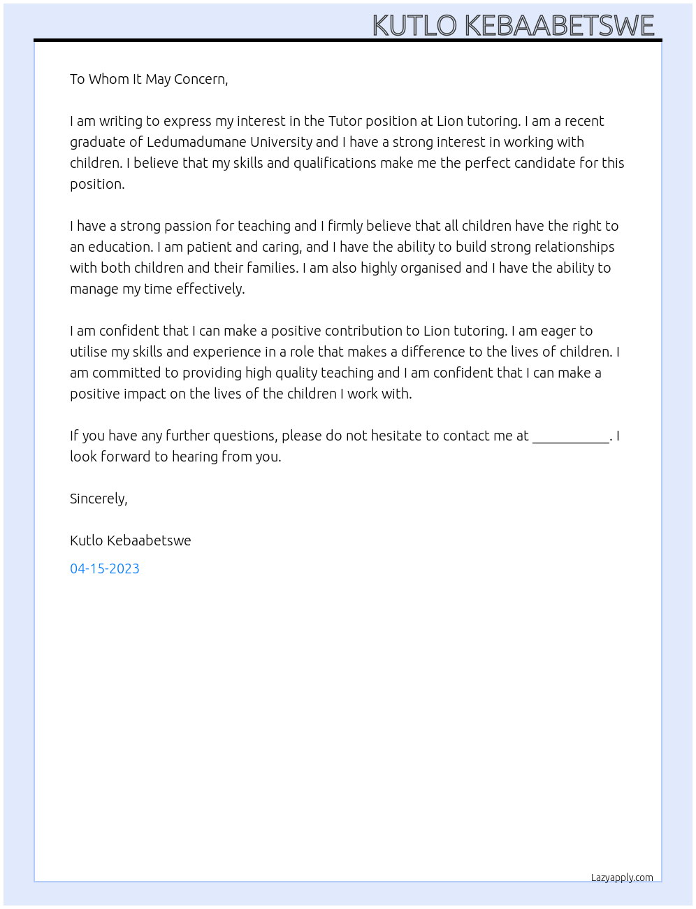 Tutor At Lion tutoring Cover Letter