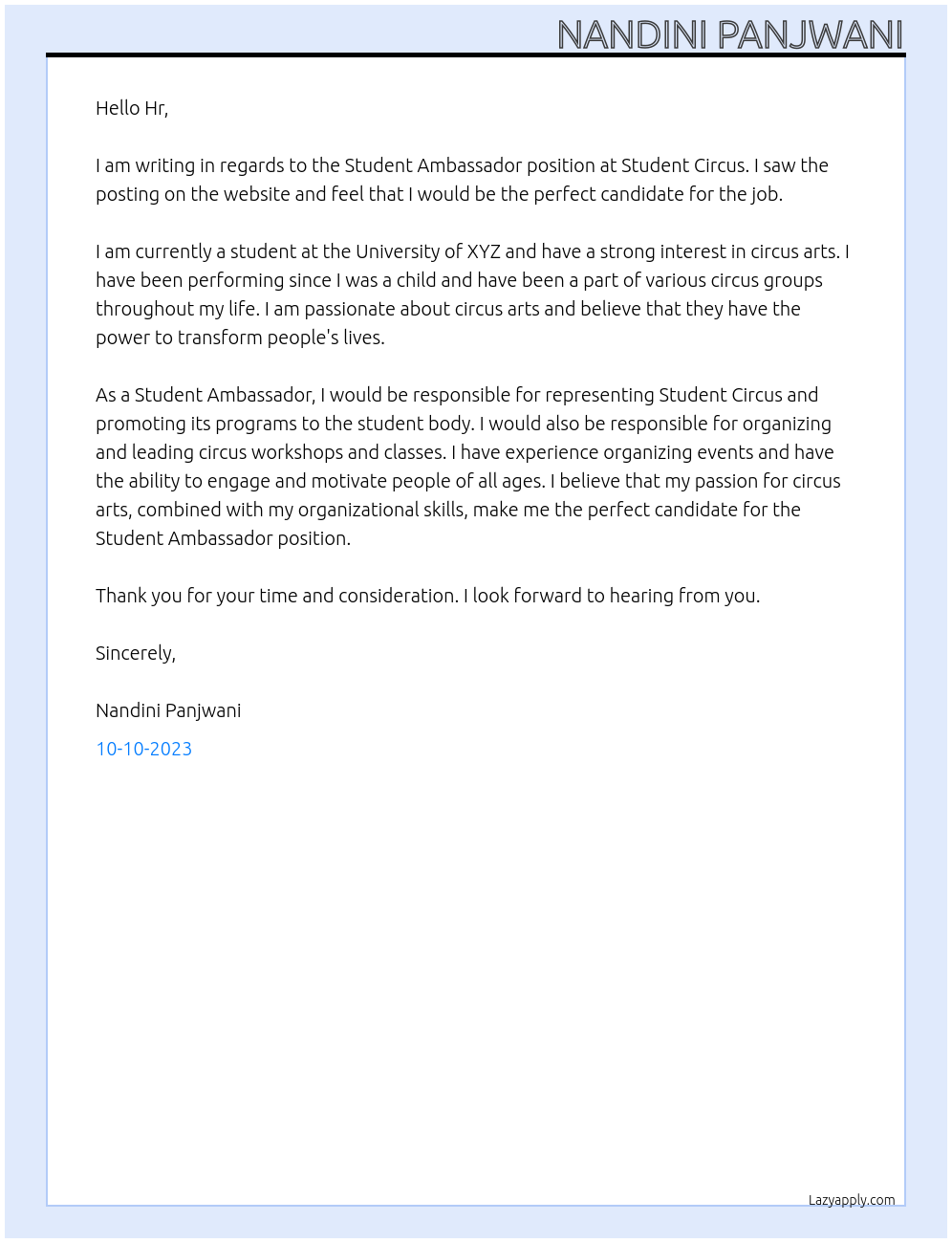 Student Ambassador At Student circus Cover Letter