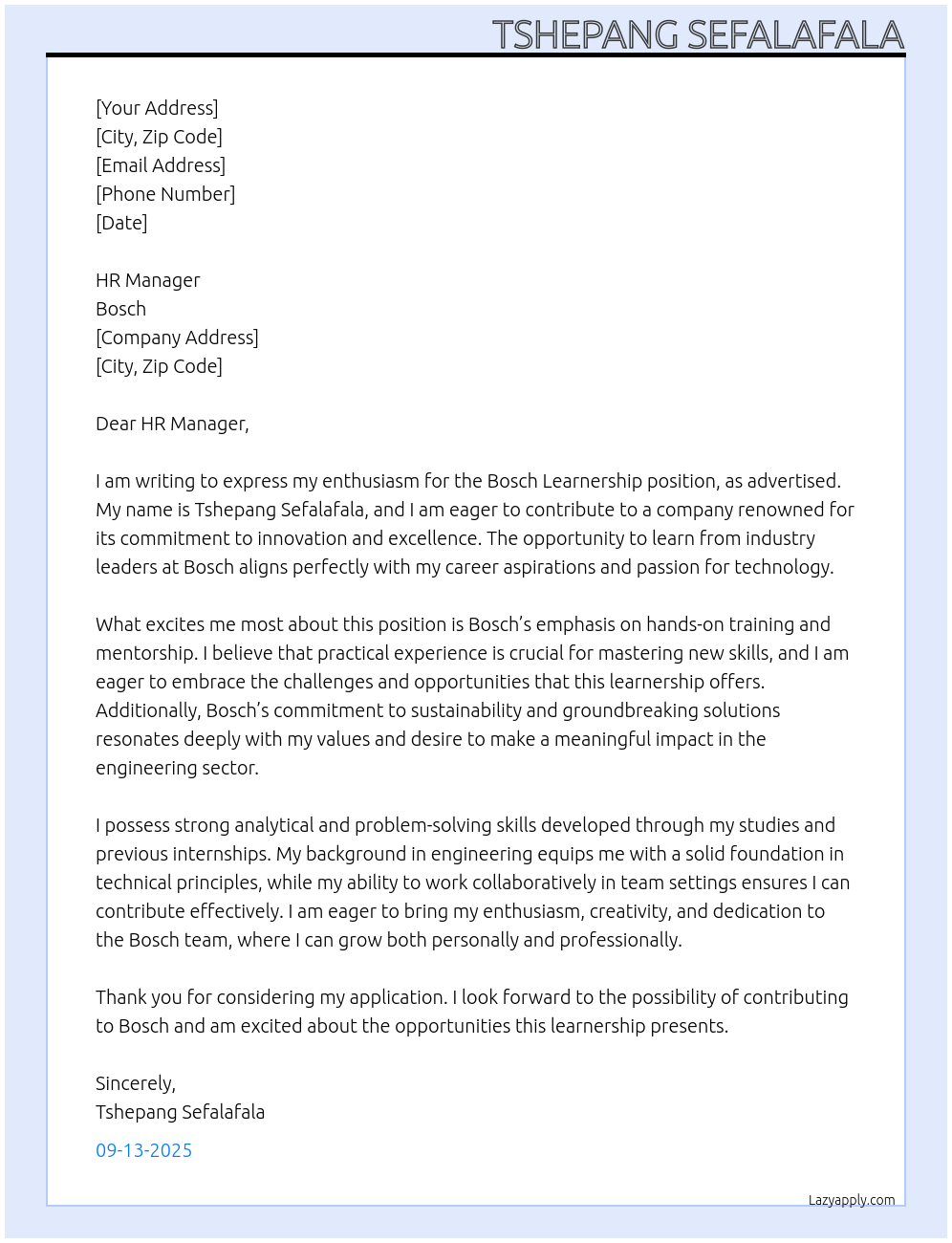 Bosch learnership At Bosch Cover Letter