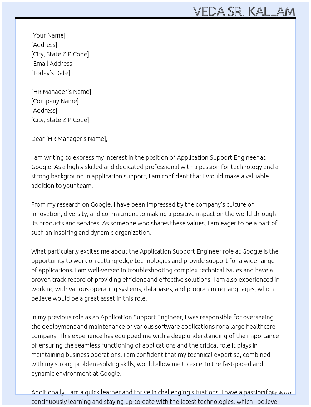 Application support engineer At Google Cover Letter