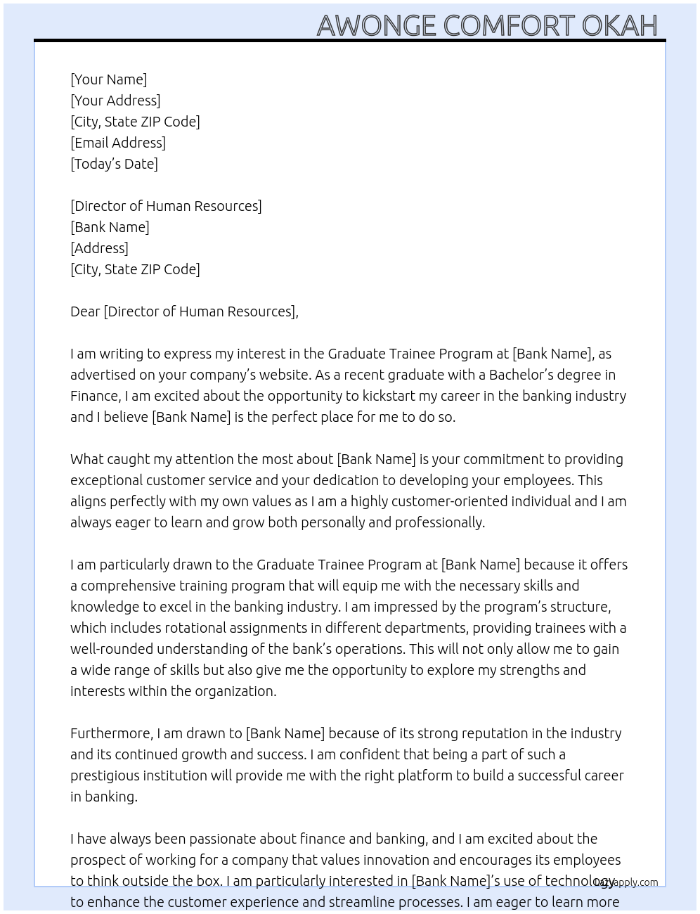 Graduate Trainee Program At Bank Cover Letter