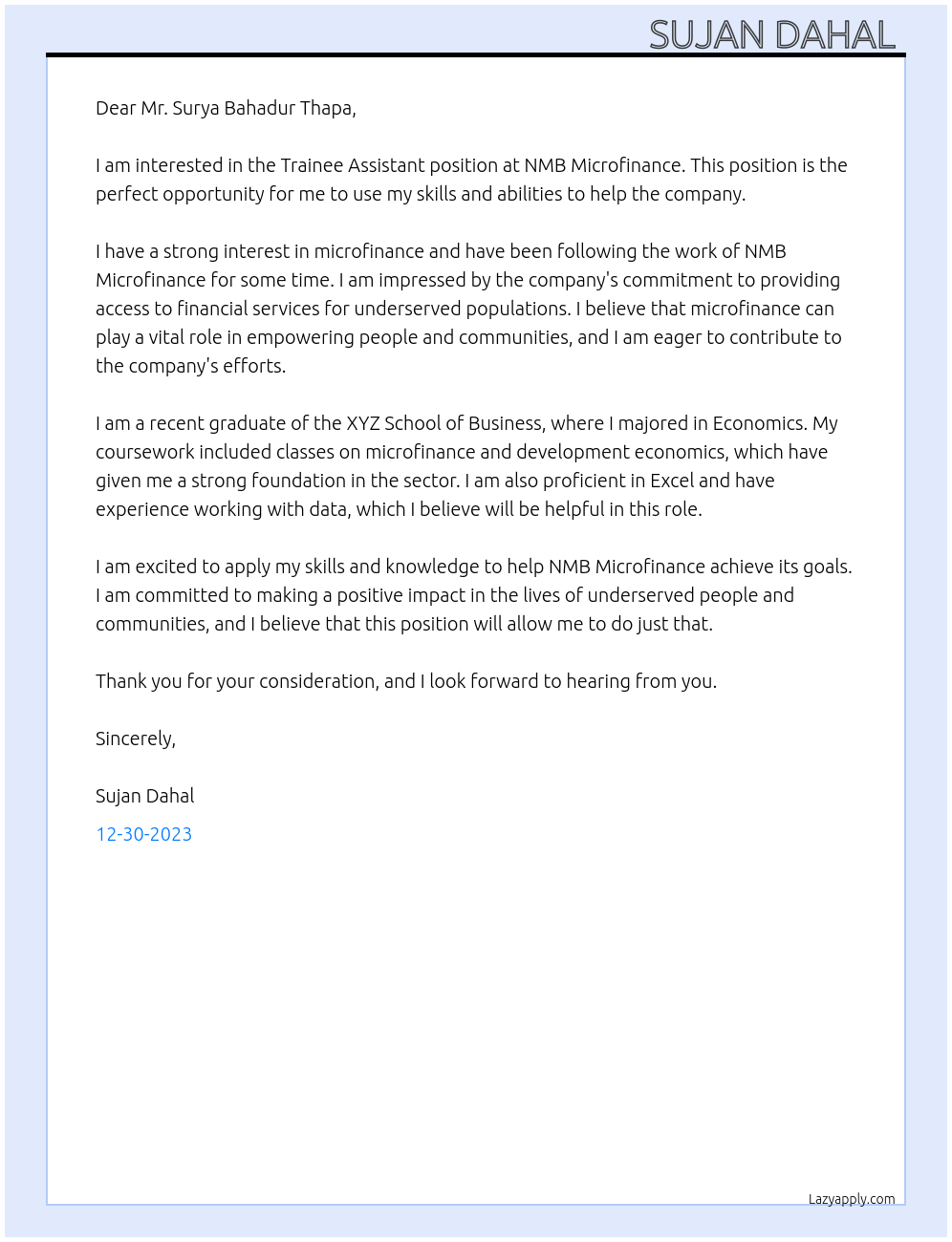 Trainee Assistant At NMB Microfinance Cover Letter