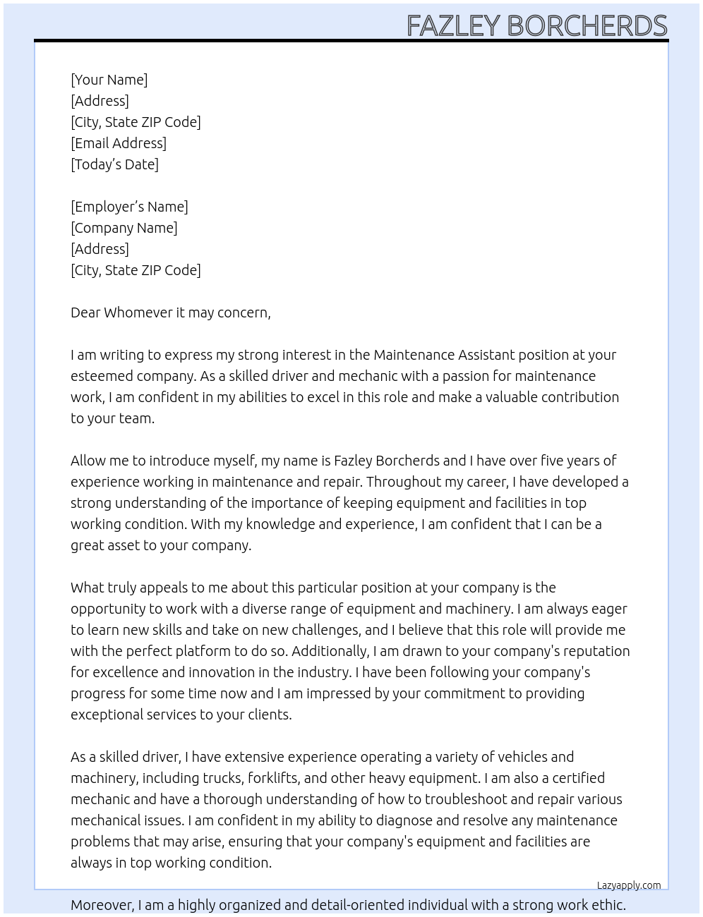 Maintenance assistant At any Cover Letter