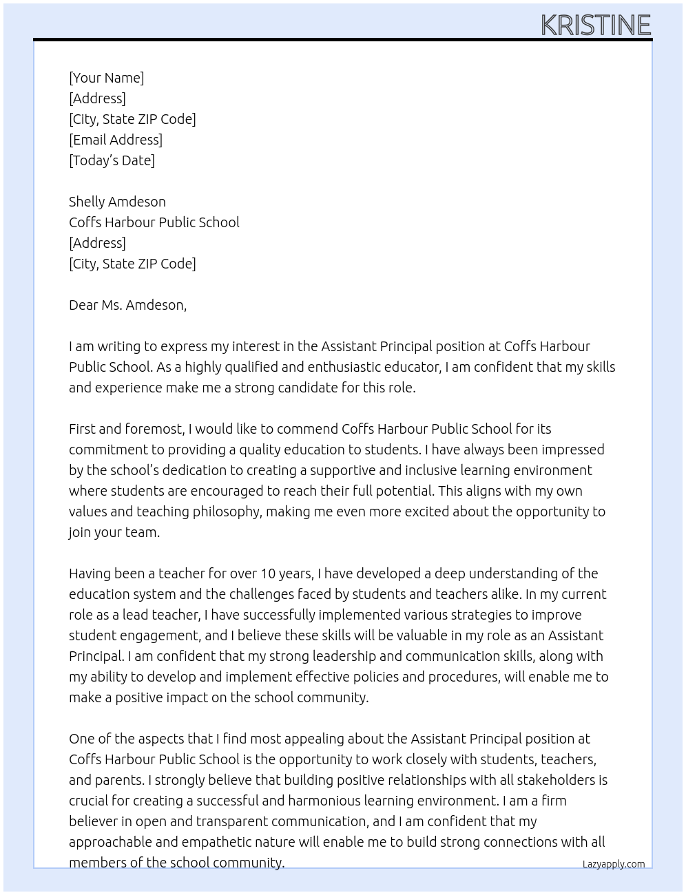 assistant principal At coffs harbour public school Cover Letter