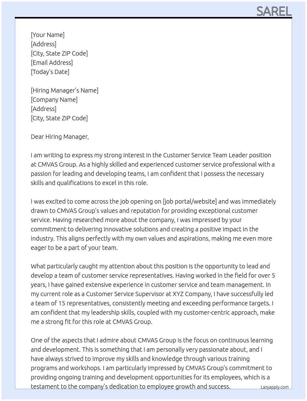 Customer Service Team Leader  At CMVAS Group Cover Letter