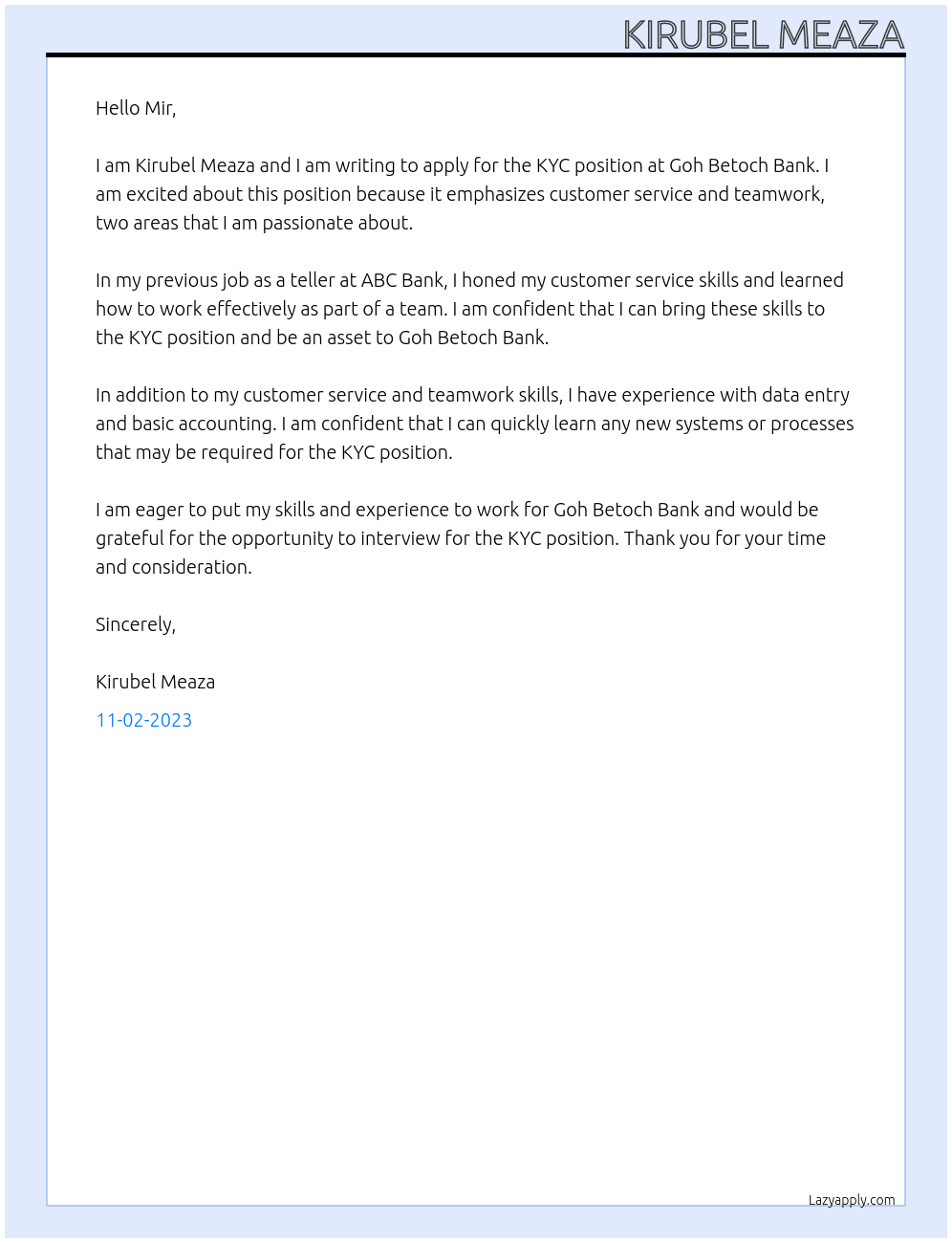 KYC At Goh Betoch Bank Cover Letter