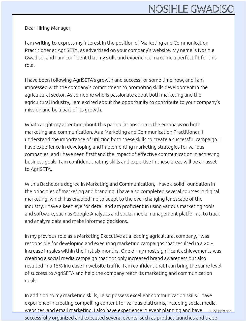 Cover letter for marketing and communication practitioner - LazyApply
