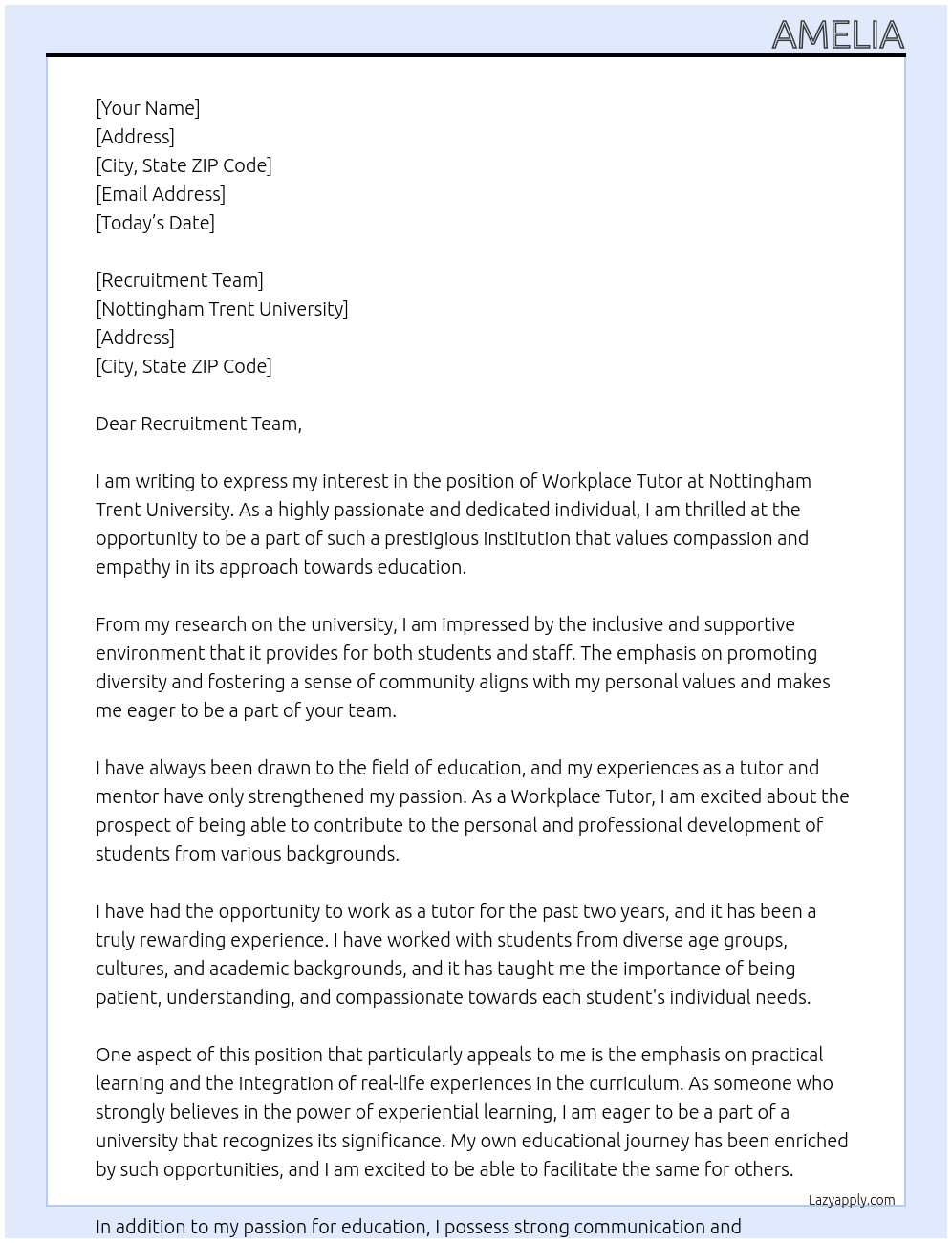 Workplace Tutor At Nottingham Trent University Cover Letter