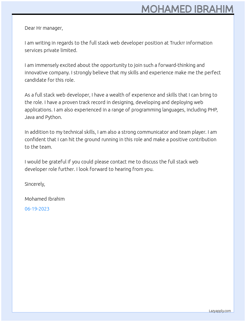 Full stack web developer At Truckrr information services private limited Cover Letter