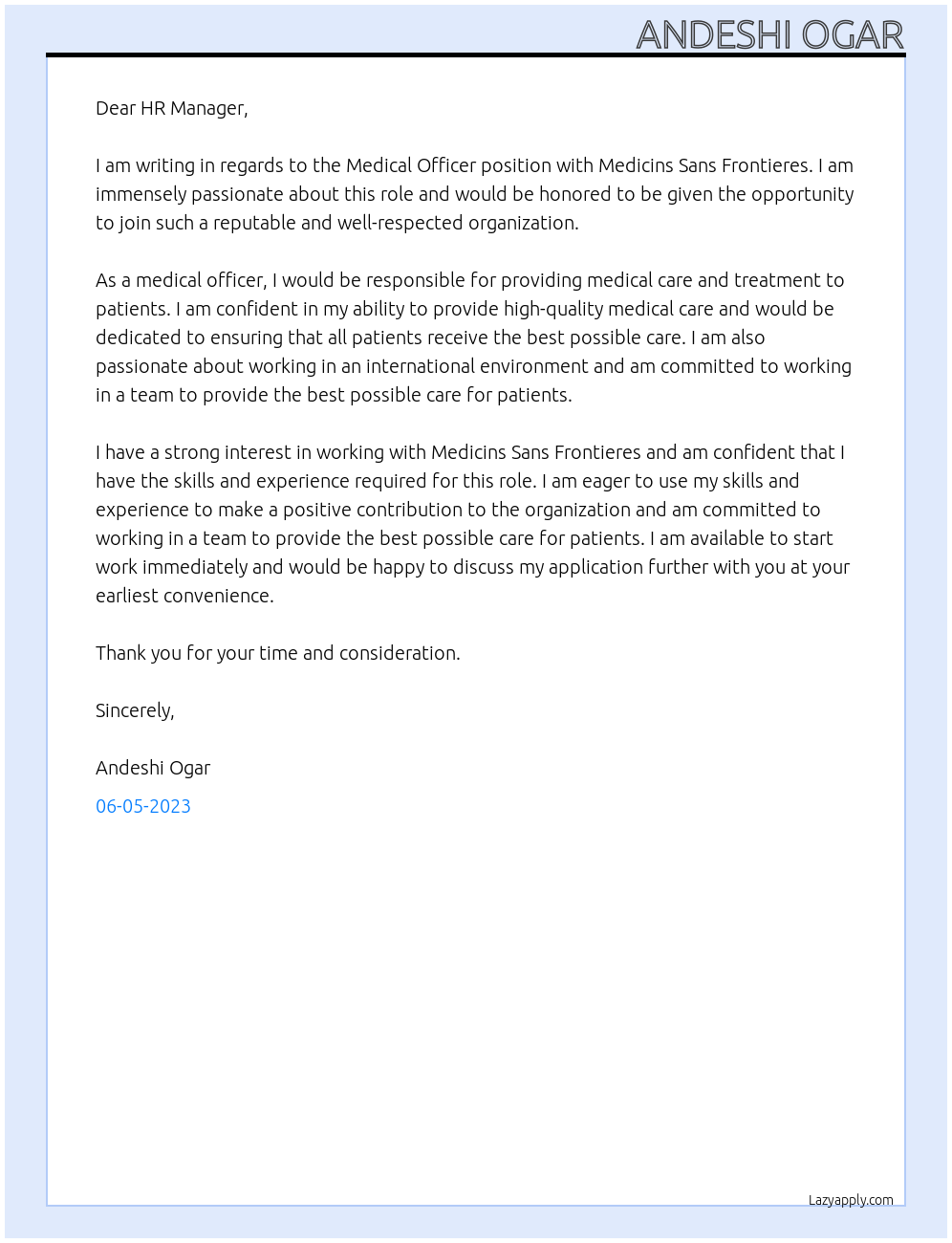 Medical officer At Medicins Sans Frontieres Cover Letter