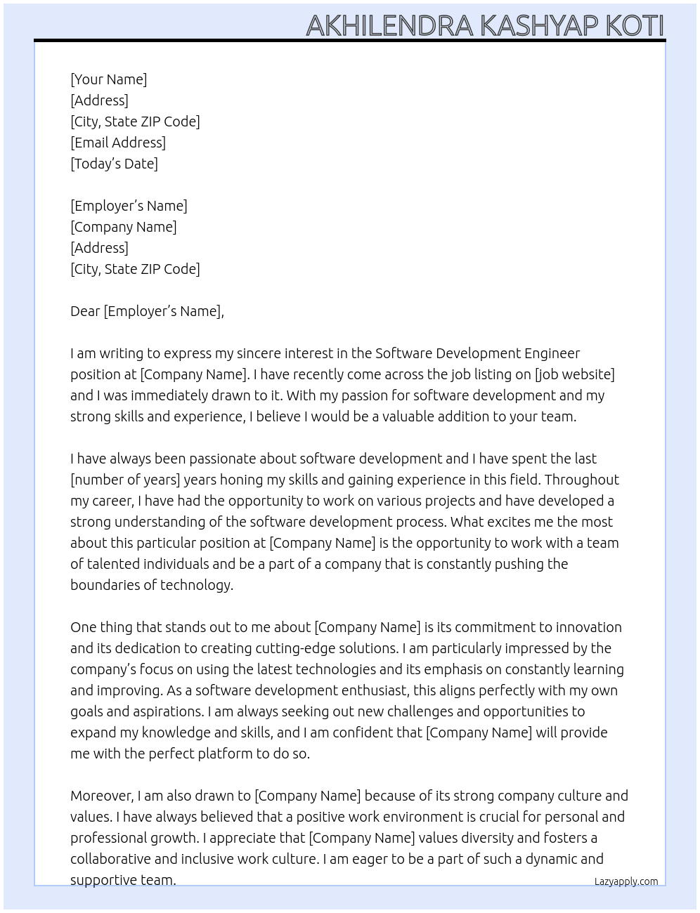 Software Development Engineer At XXXXX Cover Letter