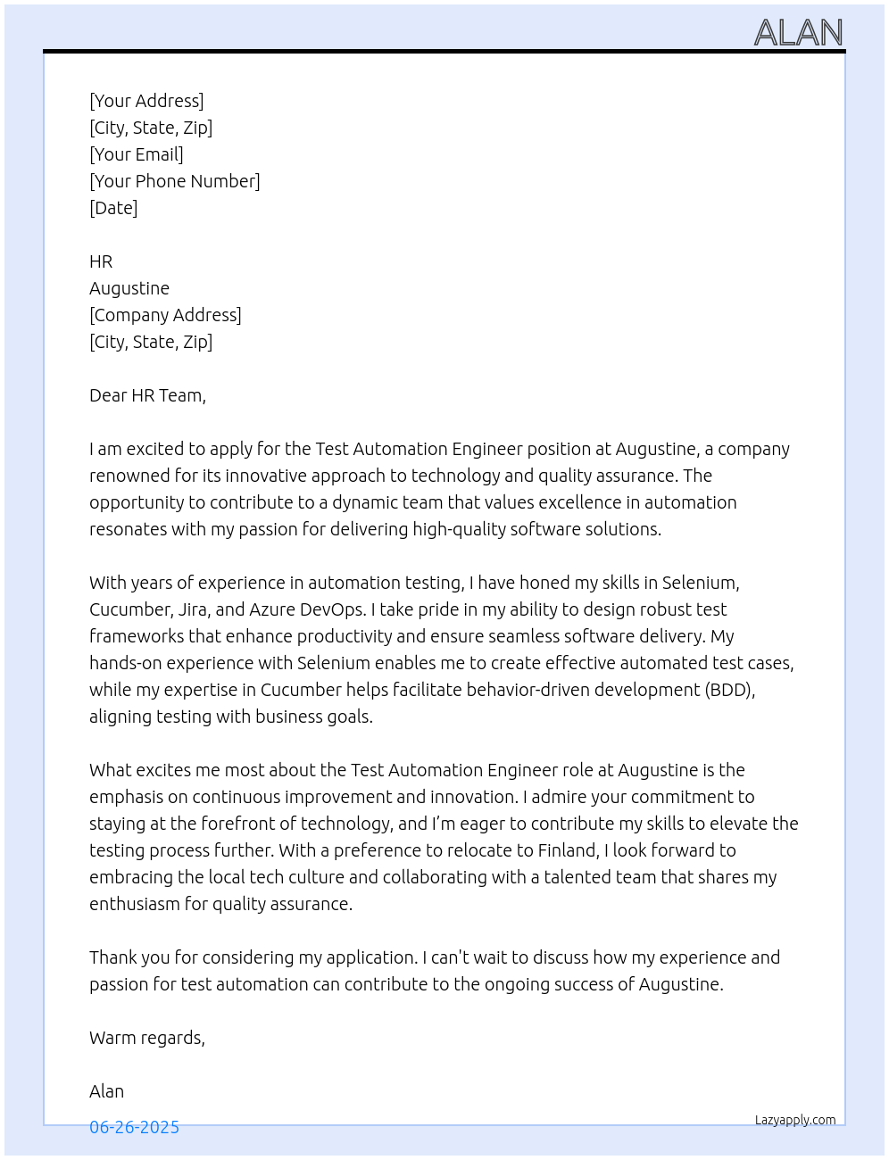 test automation engineer At Augustine Cover Letter