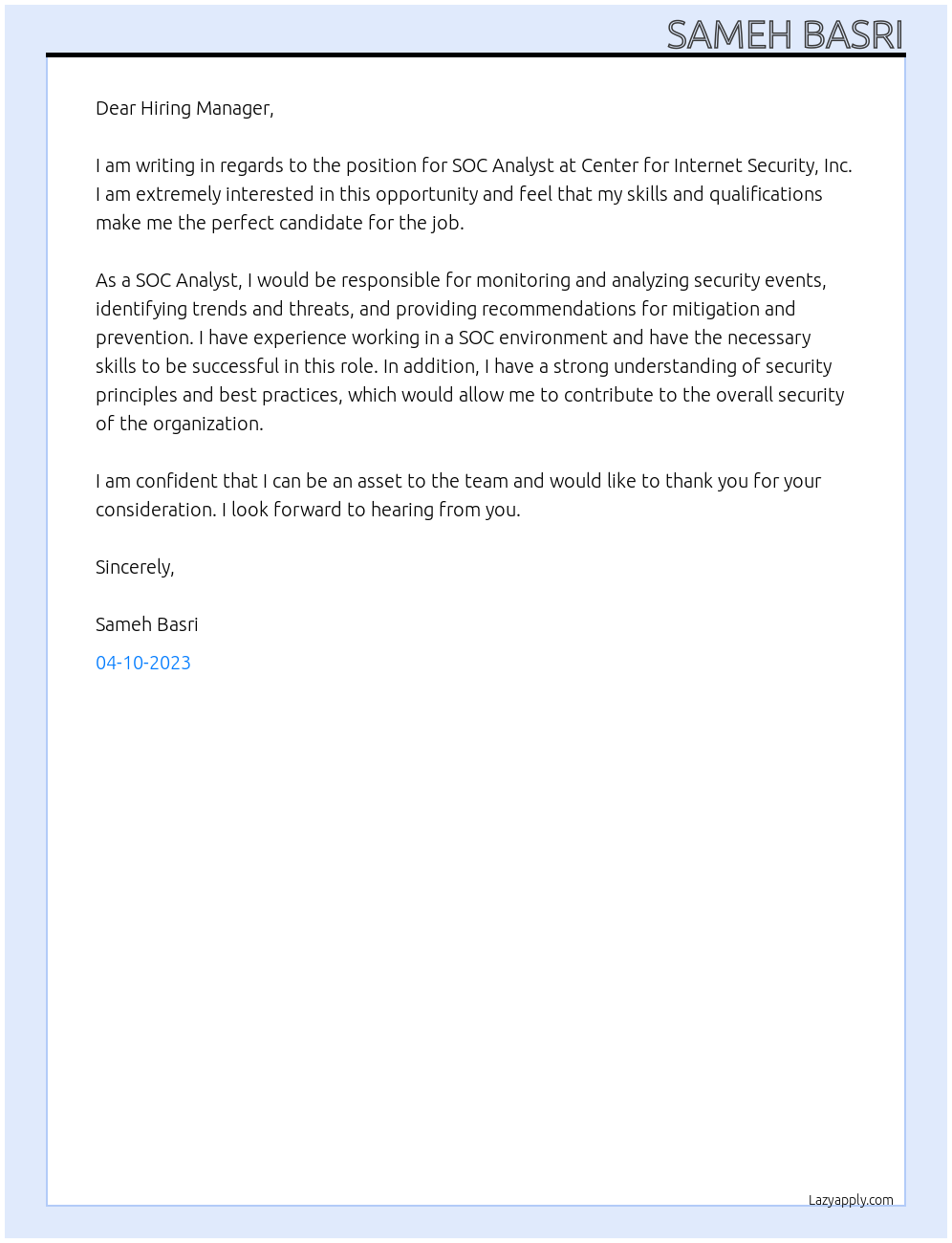 SOC Analyst At Center for Internet Security, Inc. Cover Letter