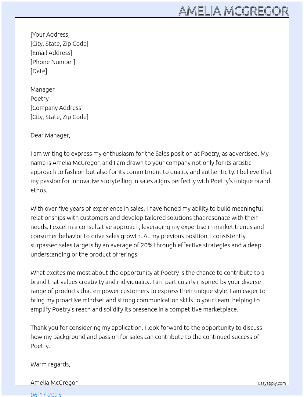 Sales  At Poetry Cover Letter