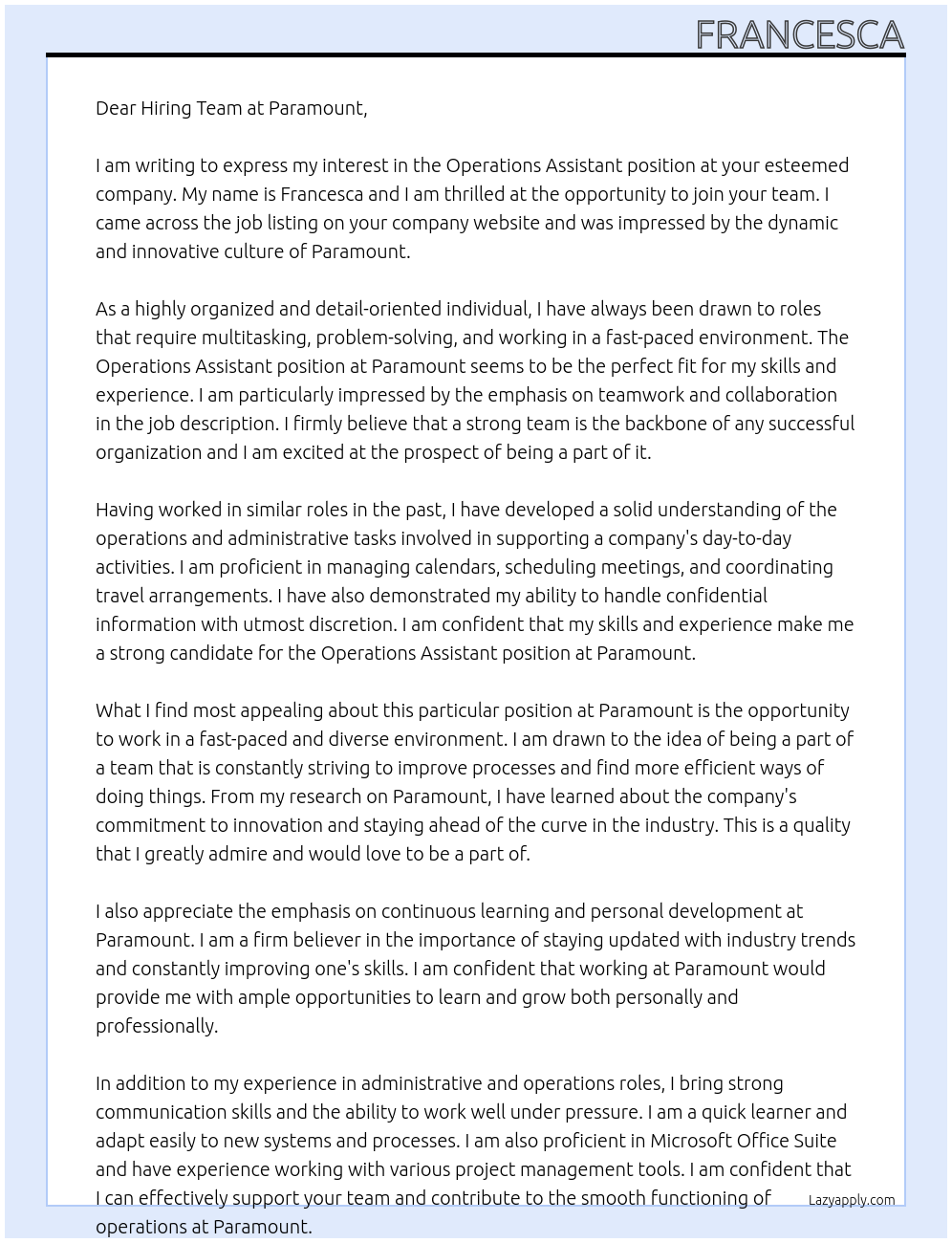 Operations Assistant At Paramount Cover Letter