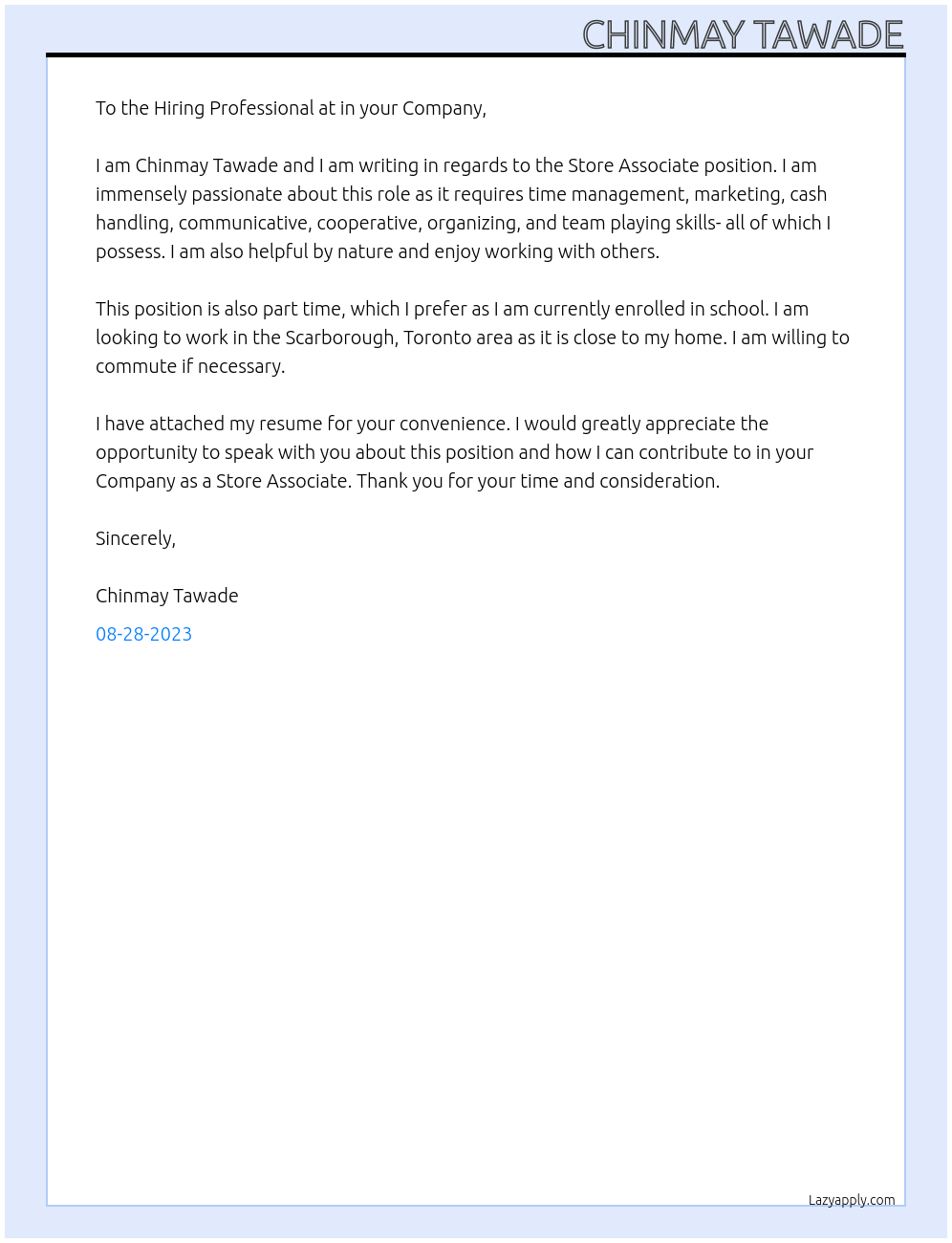Store Associate At in your Company Cover Letter
