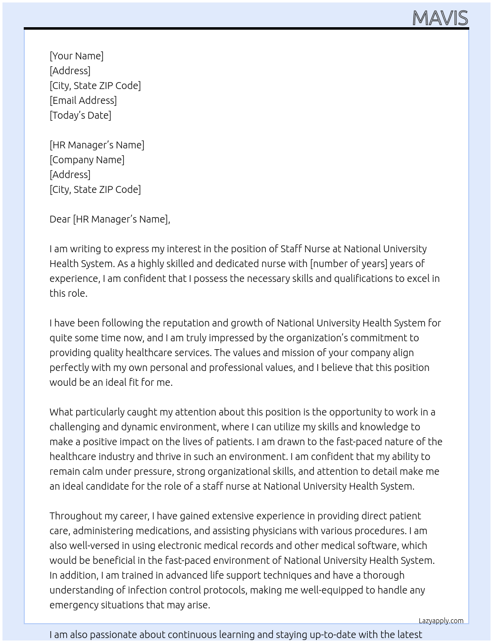 staff nurse At National University Health System Cover Letter