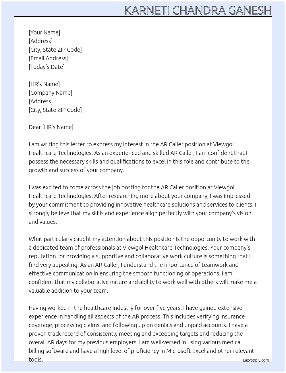 AR Caller At Viewgol Healthcare Technologies Cover Letter