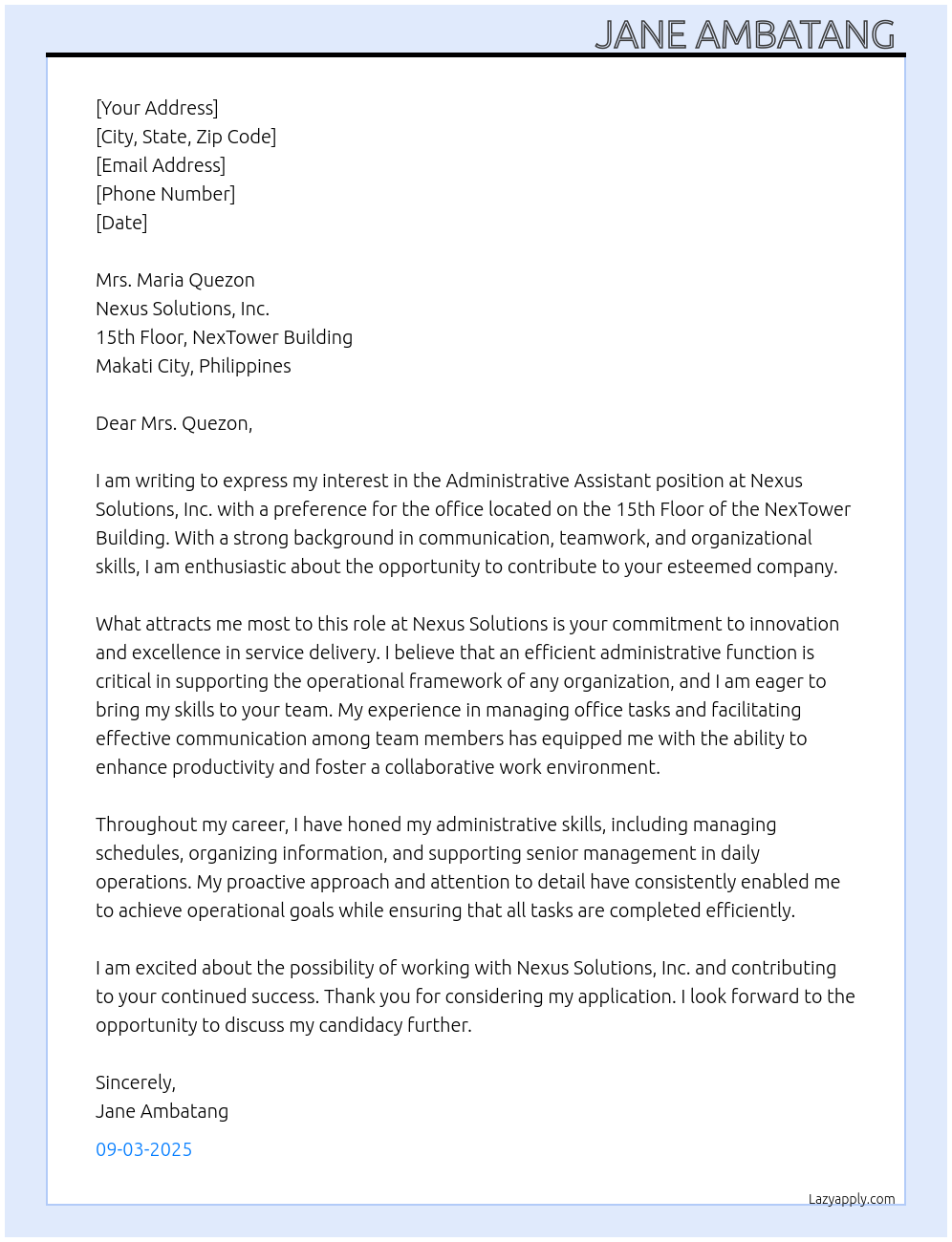 Administrative assistant At Nexus Solutions, Inc. Cover Letter