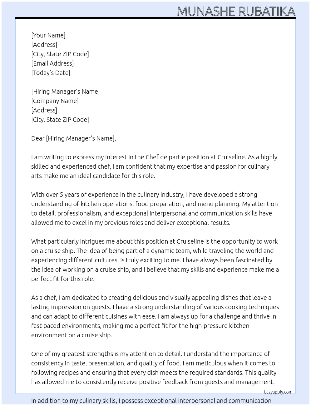 Chef de partie At Cruiseline Cover Letter