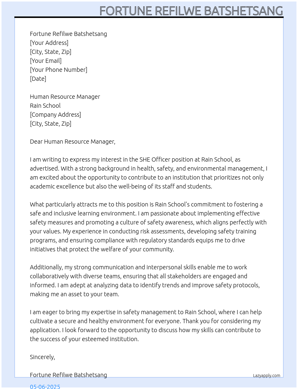 SHE Officer At Rain School Cover Letter