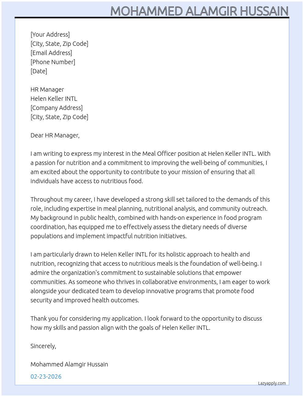 Cover letter for meal officer - LazyApply