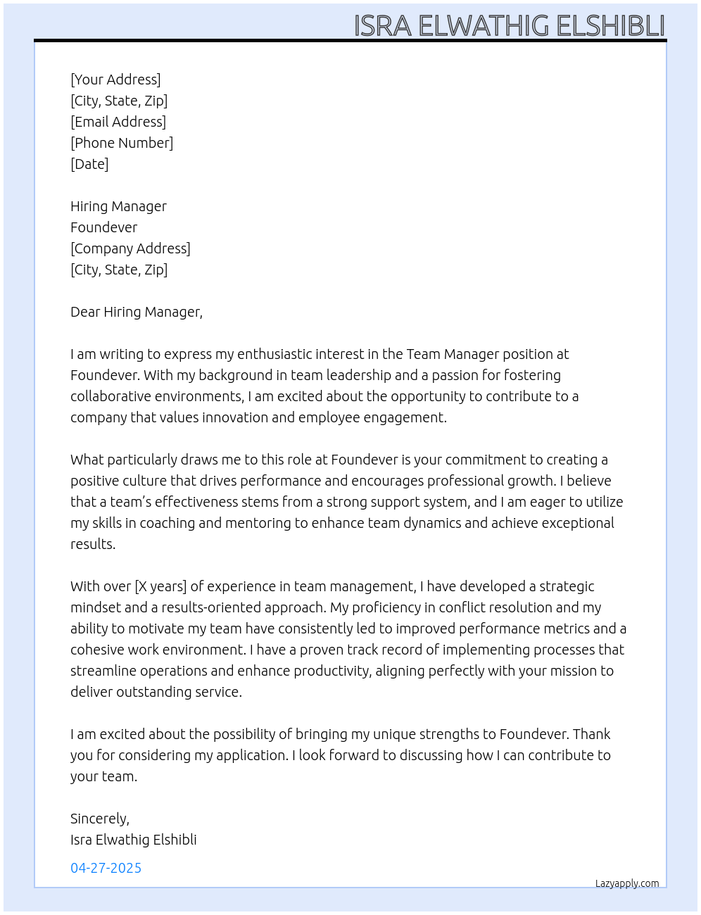 Team Manager At Foundever Cover Letter