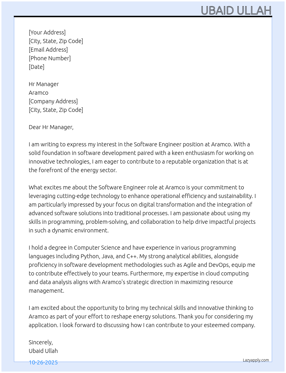 Software engineer At Aramco Cover Letter