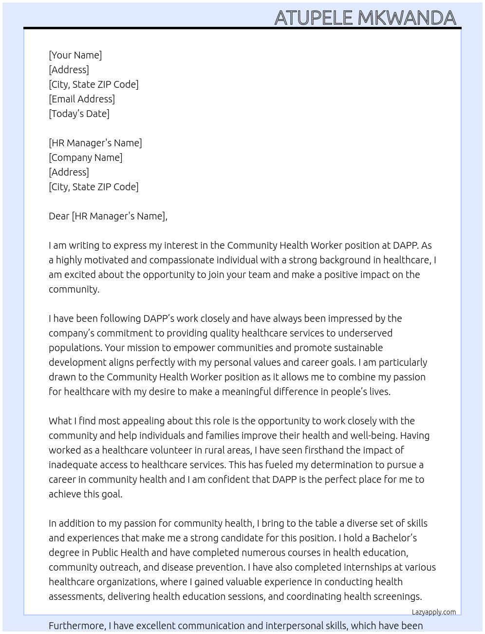 community health worker At DAPP Cover Letter