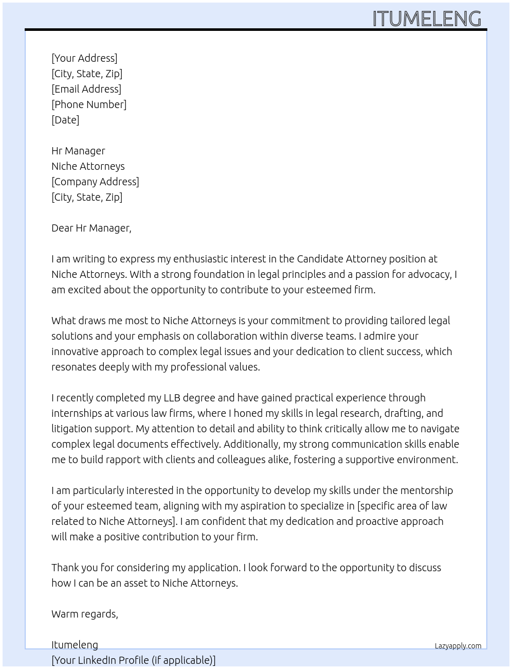 Candidate Attorney At Niche attorneys Cover Letter