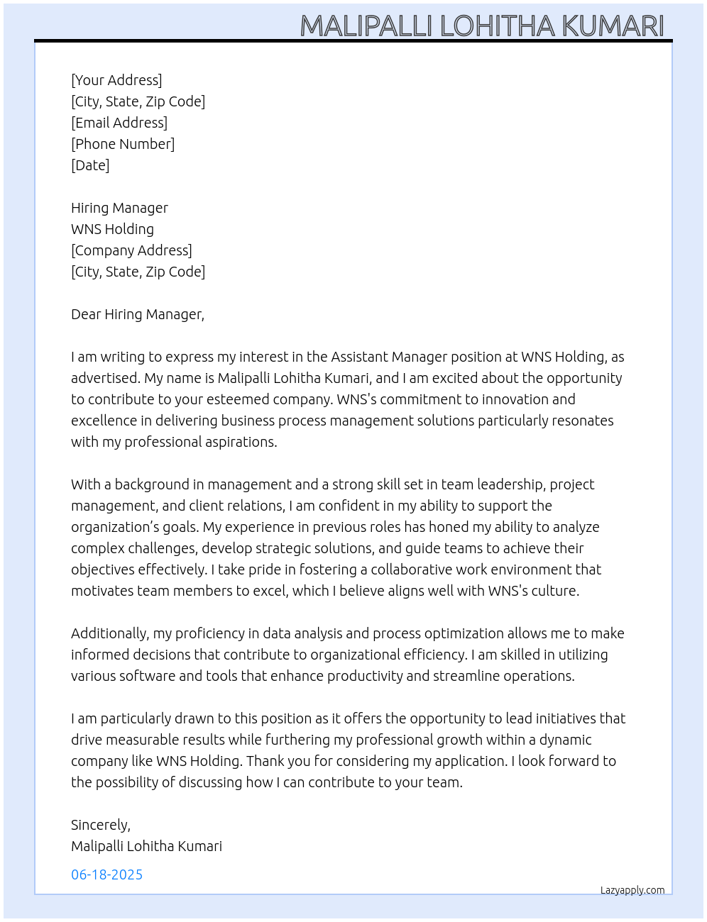 Assistant Manager At WNS HOLDING Cover Letter