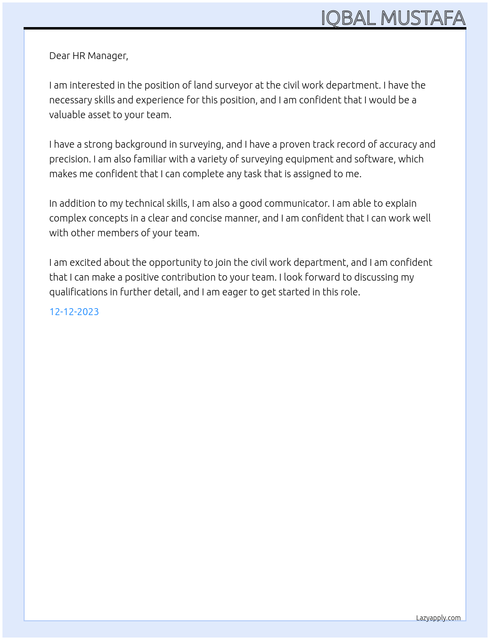 land surveyor At civil work department Cover Letter