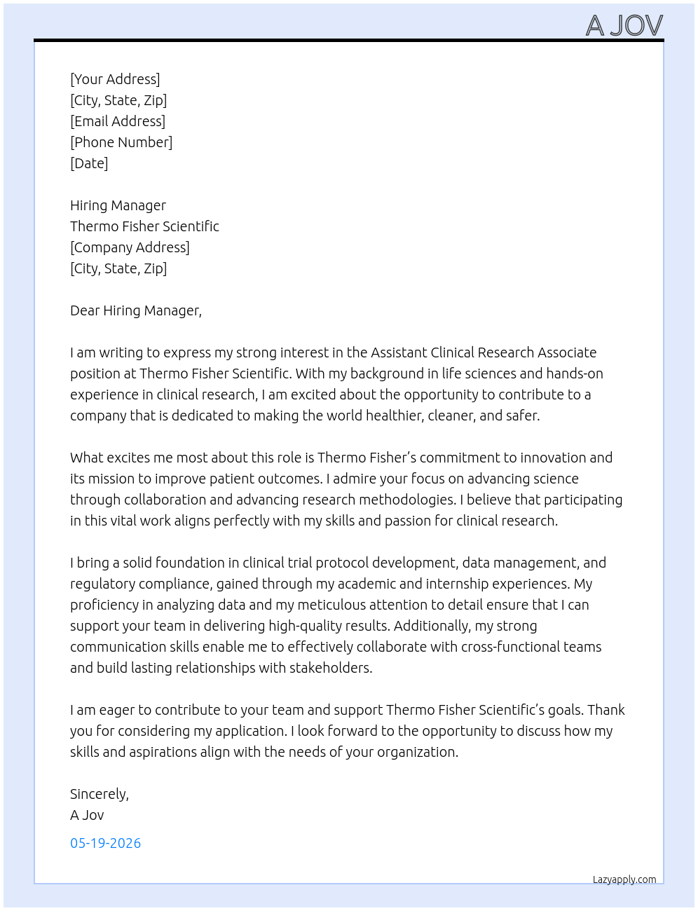Assistant Clinical Research Associate At Thermo Fisher Scientific Cover Letter