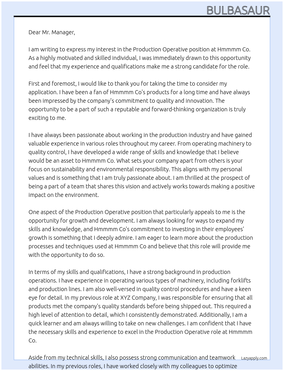 Production Operative At Hmmmm Co Cover Letter