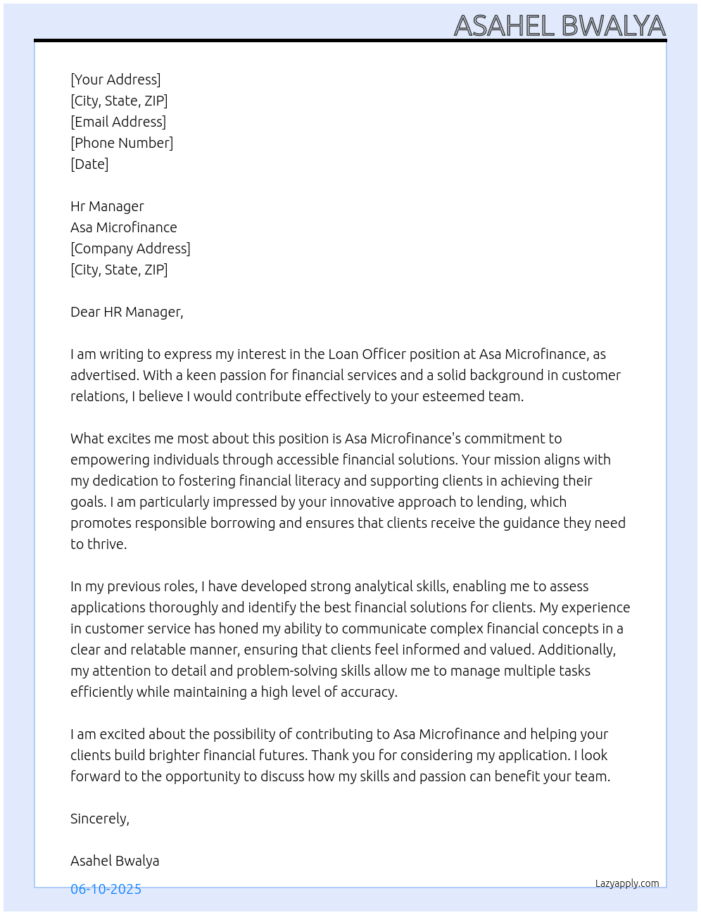 Loan officer At Asa microfinance Cover Letter