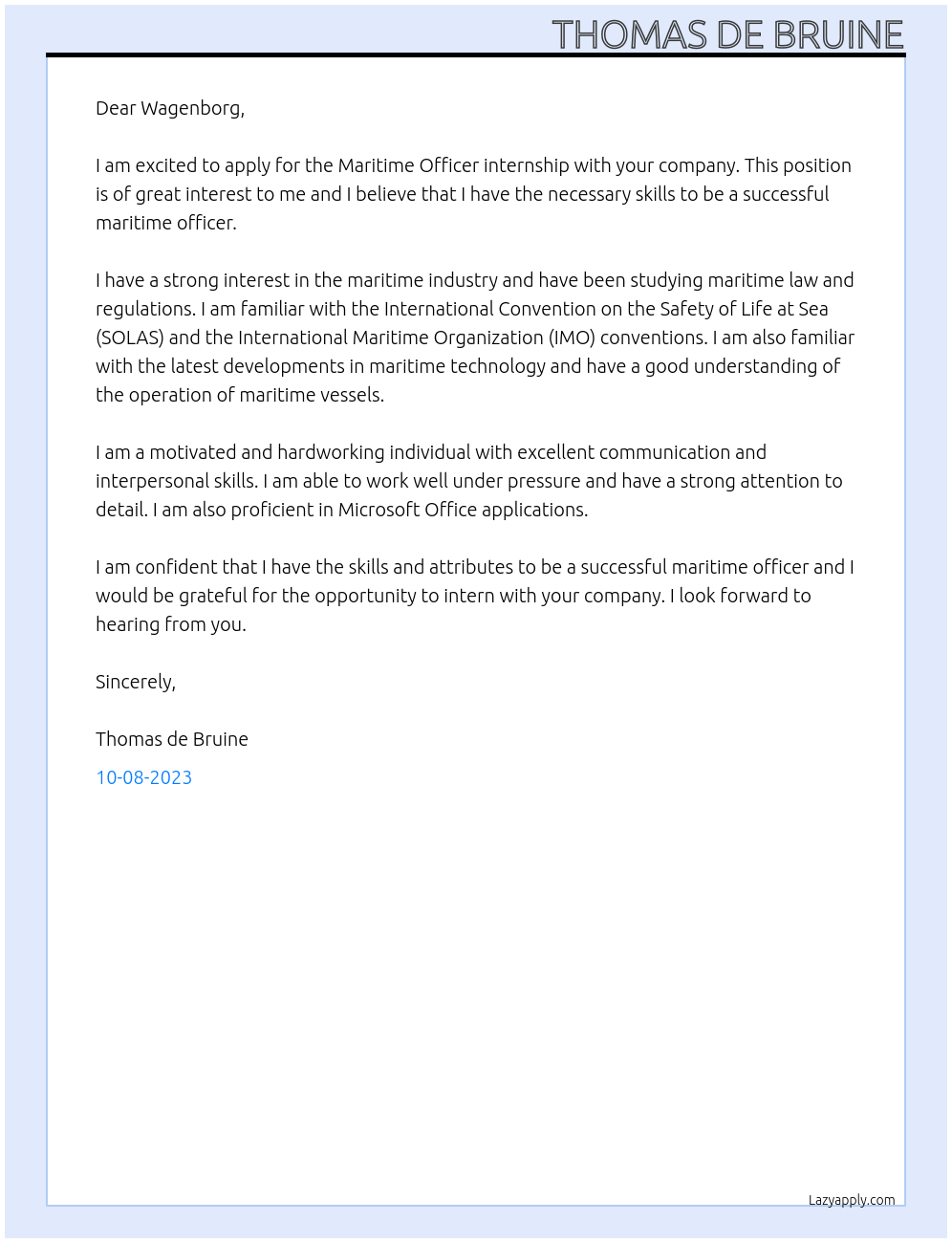 Maritime officer At Wagenborg Cover Letter