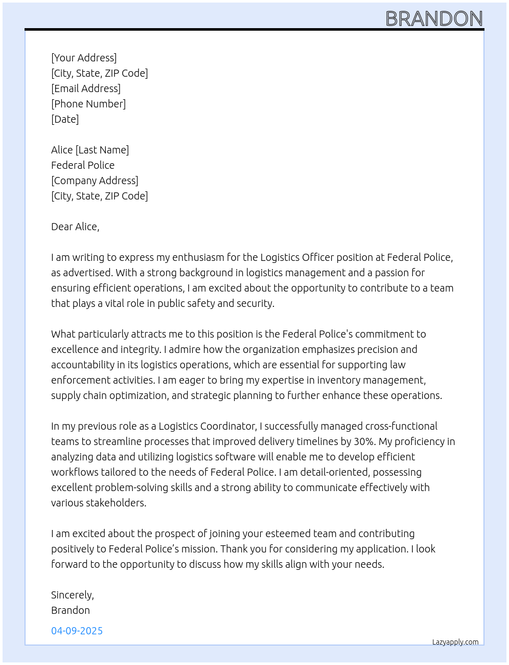 logistics officer At Federal Police Cover Letter