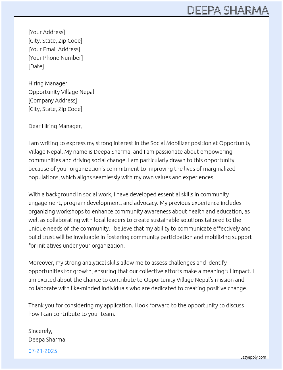 Cover letter for social mobilizer - LazyApply