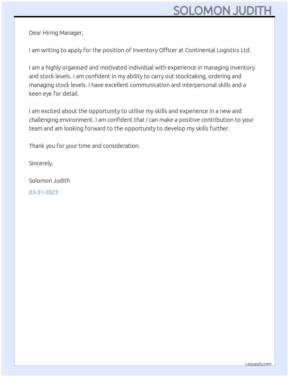 Inventory officer At Continental logistics ltd Cover Letter