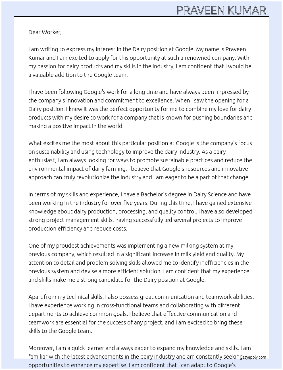 Dairy  At Google  Cover Letter