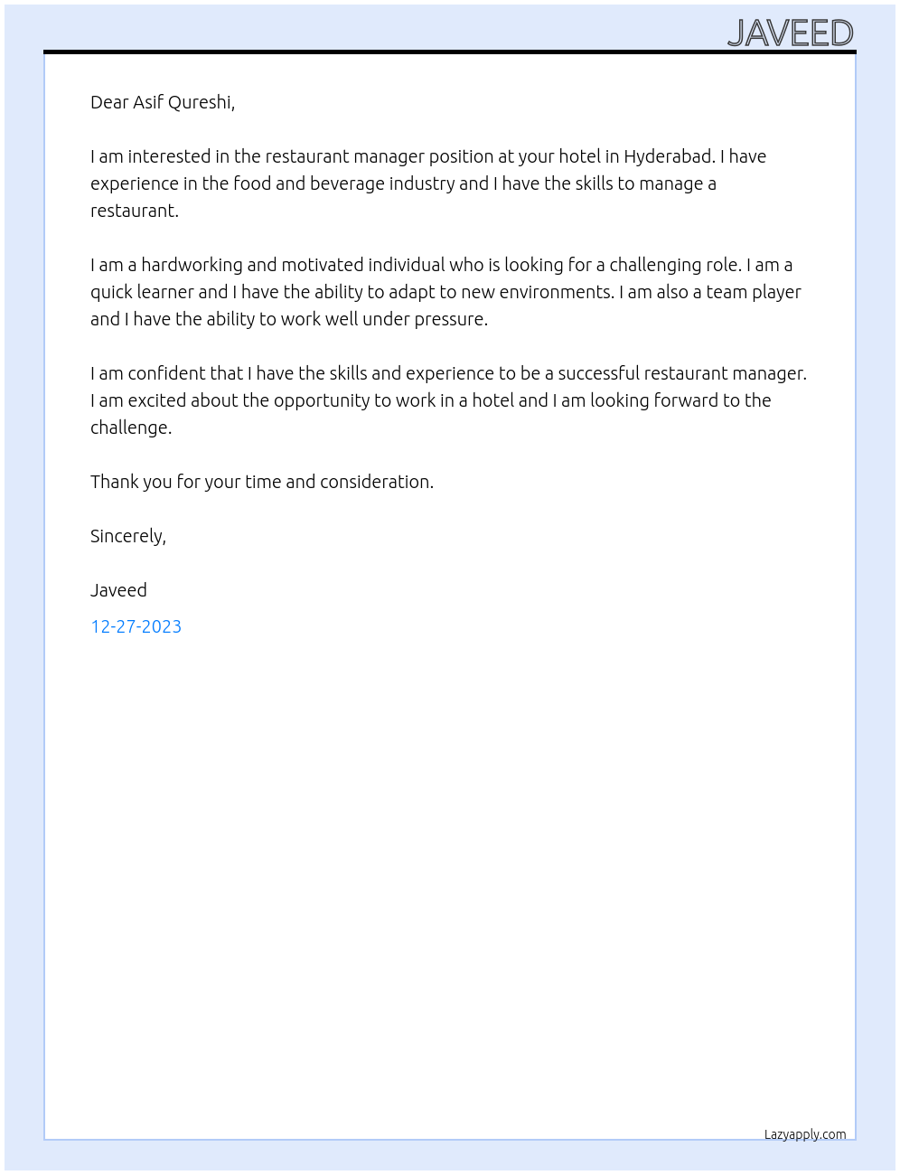 Restaurant manager At Hotel Cover Letter