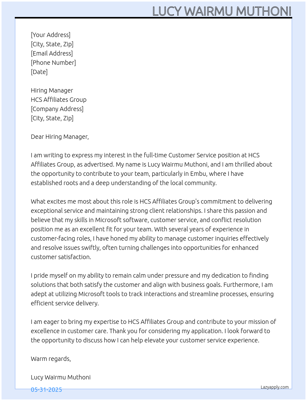 customer service At HCS Affiliates Group Cover Letter