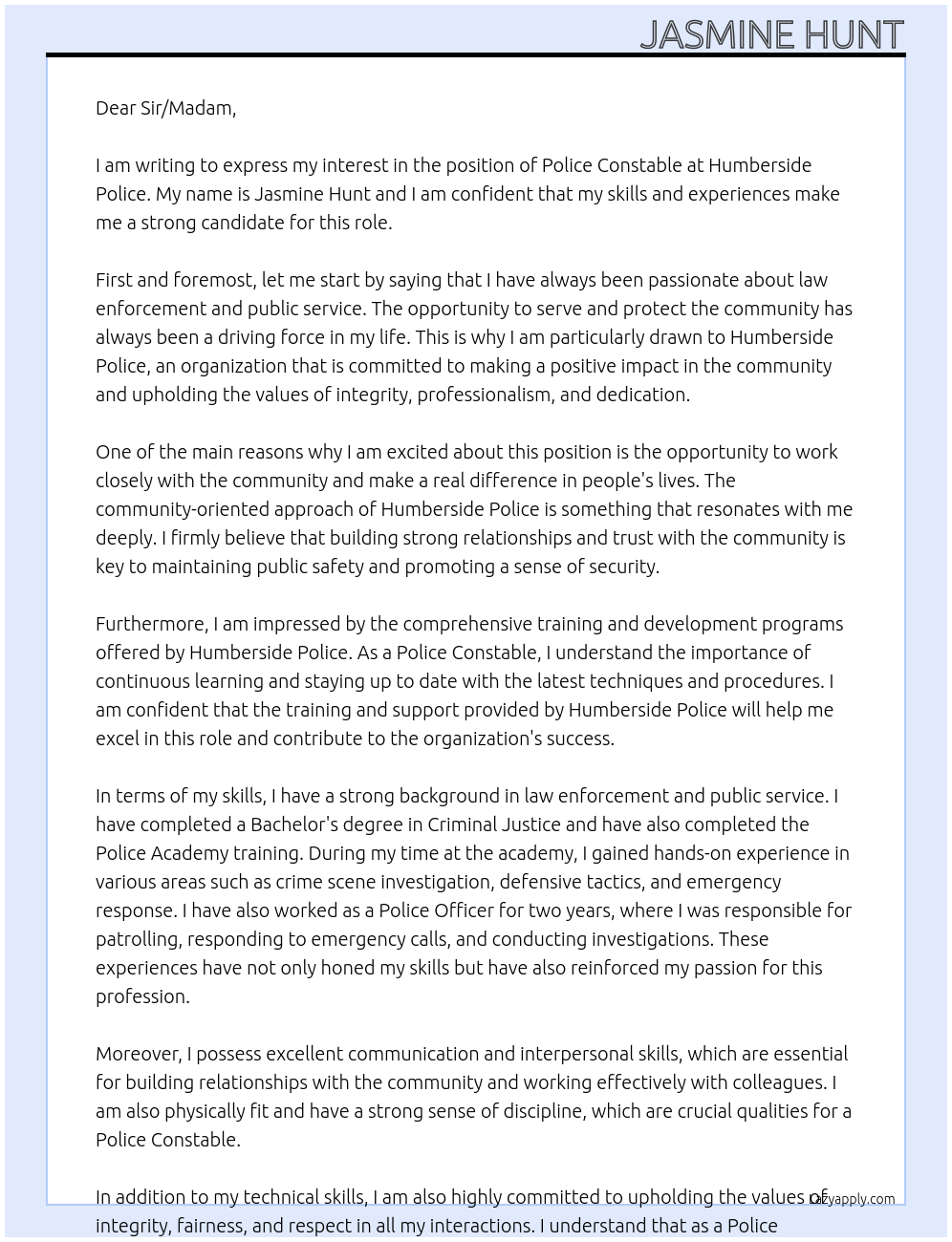 Police constable At Humberside police Cover Letter