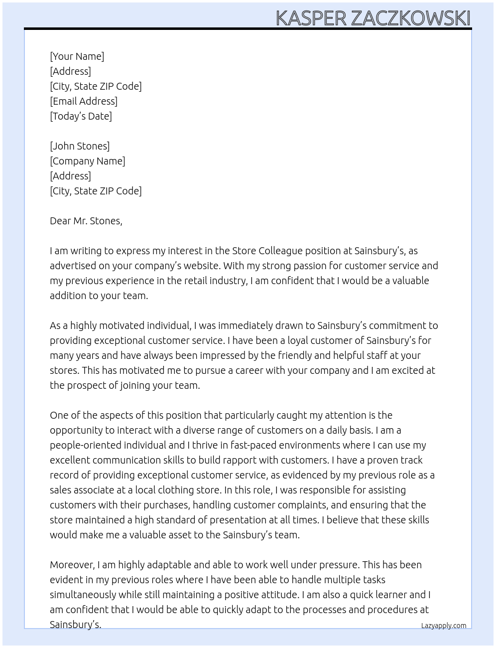 Store colleague At Sainsbury’s Cover Letter