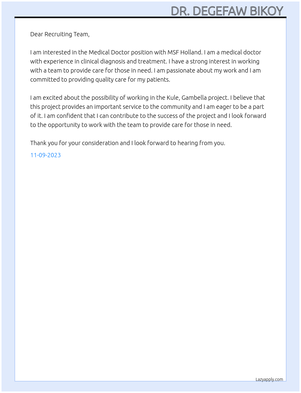 Medical Doctor At MSF Holland Cover Letter