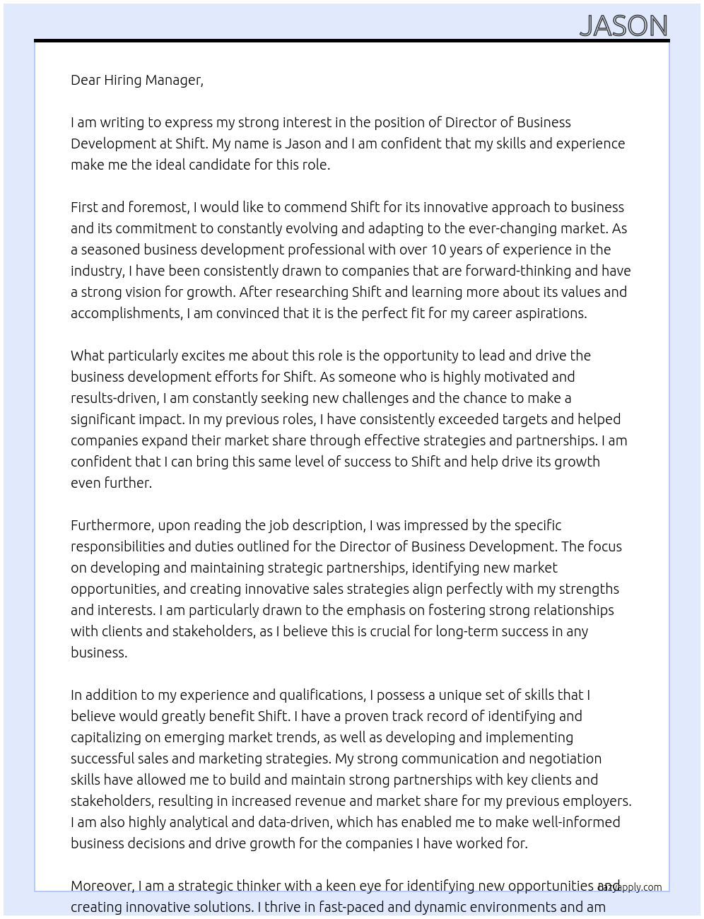 Director of Business Development At Shift Cover Letter