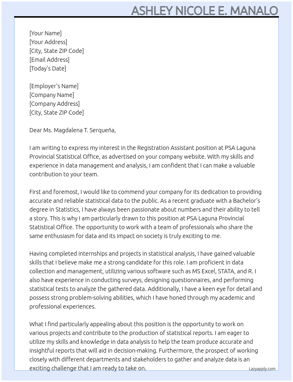 Registration Assistant At PSA Laguna Provincial Statiscal Office Cover Letter