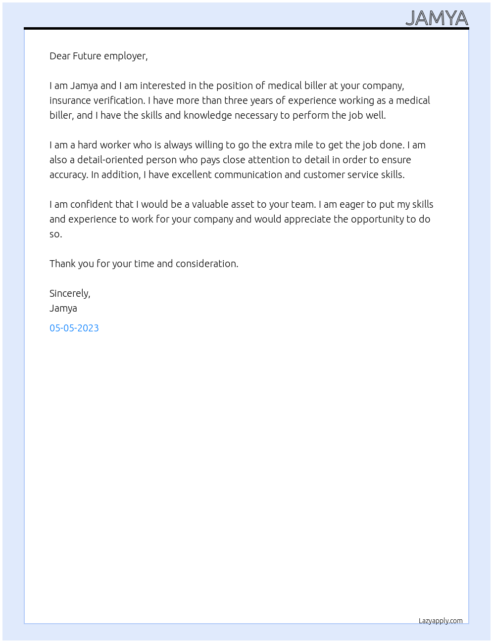 MEDICAL BILLER At insurance verification   Cover Letter