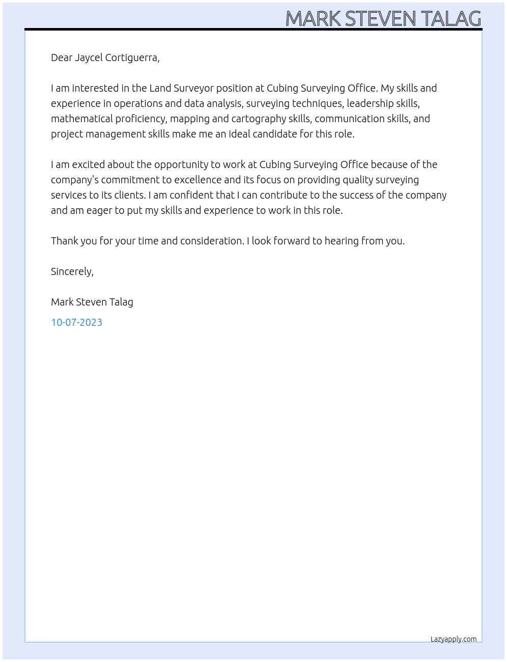 Land Surveyor At Cubing Surveying Office Cover Letter